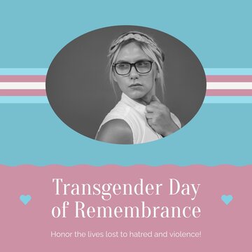 Composite of transgender day of remembrance text over caucasian transgender man