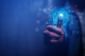 Businessman showing hologram Ai exchange industrial system technology Industrial cloud technology concept	