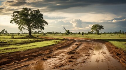Fototapeta na wymiar Rural Pathway: A Country Road Drying Up as Rain Evaporates Under the Sun's Intense Heat