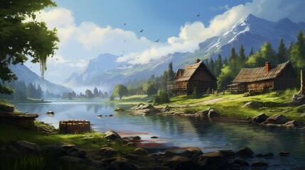 Fototapeta premium Rural scenery showcasing a tranquil lake and lovely, rustic wooden dwellings