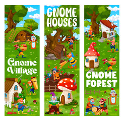 Cartoon gnome and elf characters at fairytale village. Vertical banners or vector posters with fairy creature houses and dwellings, funny gnomes or hobbits personages working on farm and garden