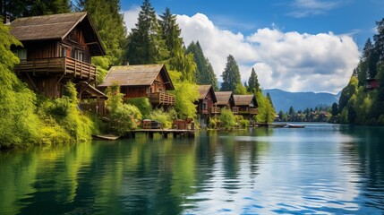 Scenic view featuring a picturesque lake surrounded by charming wooden cottages