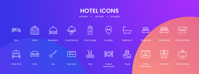 Hotel icon collection with black outline style. collection, hotel, restaurant, travel, room, symbol, service. Vector Illustration