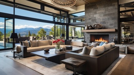 the living room of this recently constructed luxury residence, where an open concept floor plan connects the kitchen, dining room, and a wall of windows, offering breathtaking views of the exterior