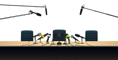 Microphones and press conference interview table with chair, vector media event. Cartoon press conference or news room with journalist mics for interview, speaker report or politics debate