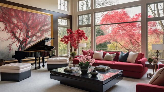 luxurious living room bathed in a red palette, featuring modern architectural elements, stylish furnishings, captivating wall art, fresh flowers, and vast windows framing picturesque garden views