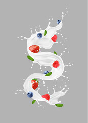 Realistic yogurt or milk swirl splash with berries, dairy drink or milky beverage vector background. Strawberry, raspberry and blueberry berry in milk splash long wave with drops splatter and leaves