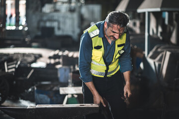 foreman with hard hat working vest on a construction site, middle aged or older technician engineer man in industrial factory, Professional heavy industry worker wearing uniform, men at work concept
