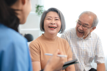 Senior Asian female and elderly male person with mental health disease care lifestyle, mature, care, old, adult retirement woman and man patient are happy at home, elder grandmother having smile