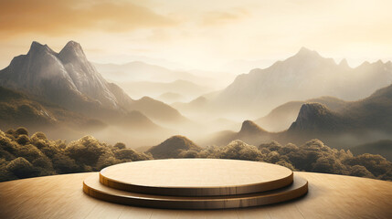 Mystical Misty Mountain Product Podium. Best for Adventure Gear, Artwork, and Home Decor. - obrazy, fototapety, plakaty