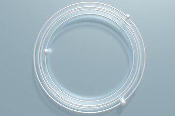 3d render of silver metallic rings and spheres on a metallic blue background