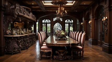 Fototapeta na wymiar The dining room of this lavish residence features an exquisite wooden table