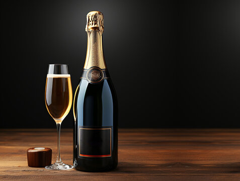 champagne glass and bottle on a wooden table on a black background, luxury new year’s eve concept banner with copy space for text