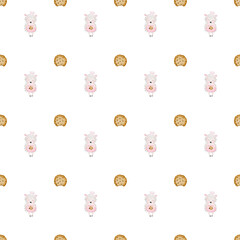 hand-drawn seamless pattern with cute lambs and baked goods. cookie on light colors. lovely pattern for baby textile, wrapping paper for bakery, coffee shop, kids cafe, scrapbooking.