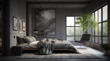 灰色の内装のベッドルーム　インテリアイメージ
