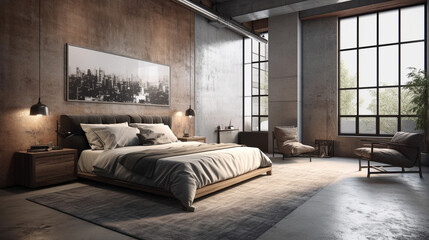 灰色の内装のベッドルーム　インテリアイメージ