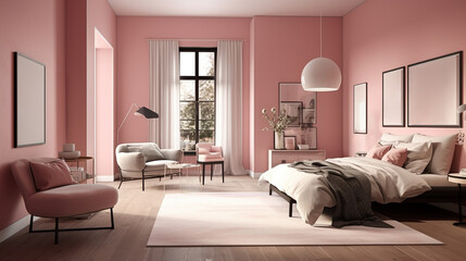 ピンク色の内装のベッドルーム　インテリアイメージ