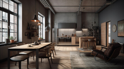 Fototapeta na wymiar 灰色の内装のキッチンルーム　インテリアイメージ