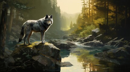 the woodland's silence, a solitary wolf standing over a rock besides the lake and explores its forest realm