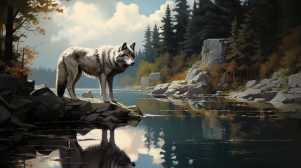 the woodland's silence, a solitary wolf standing over a rock besides the lake and explores its...