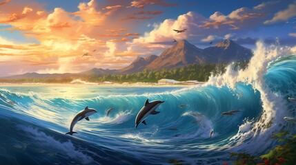 the world of ocean wildlife, where lively dolphins joyfully vault over the foaming waves in their native habitat