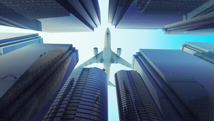 Buildings with flying plane in the modern skyline