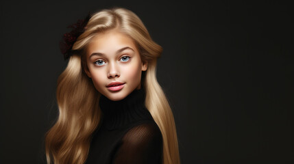 Portrait of girl with blonde hair wearing sweater. Isolated on black background with copy space. AI Generated.
