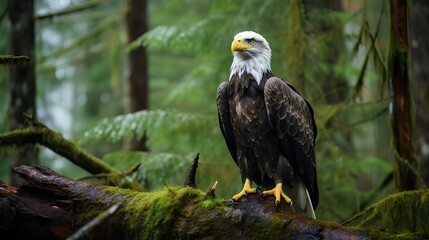 An eagle perched in the middle of the forest