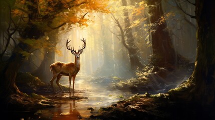 At the break of day, a serene woodland reveals its beauty, with a deer who is running in a sun-kissed glade, where the enchanting dance of sunlight and shadows takes center stage