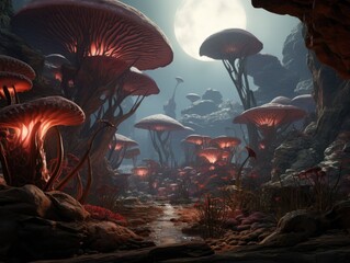 Obraz na płótnie Canvas Otherworldly alien landscape, with strange rock formations, alien flora, and an alien sky Generative AI