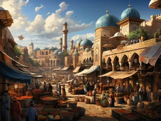 Poster Bustling market scene in an exotic foreign city, with colorful stalls, aromatic spices, and a diverse array of people Generative AI © authapol
