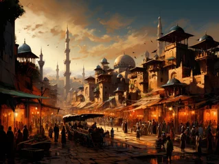 Fotobehang Bustling market scene in an exotic foreign city, with colorful stalls, aromatic spices, and a diverse array of people Generative AI © authapol