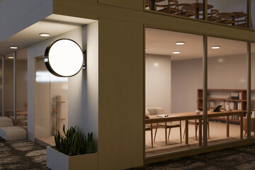 A modern, minimal coffee shop or co-working space building with an empty circle signage mockup.