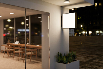 Exterior design of a modern, minimal coffee shop building at night with an empty signage mockup.