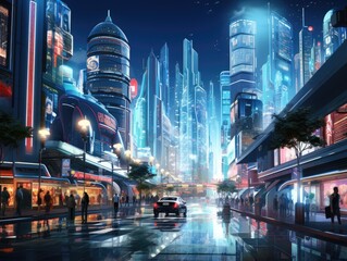 Visualize a futuristic cityscape with sleek, gleaming buildings, flying cars, and neon lights illuminating the bustling streets below Generative AI
