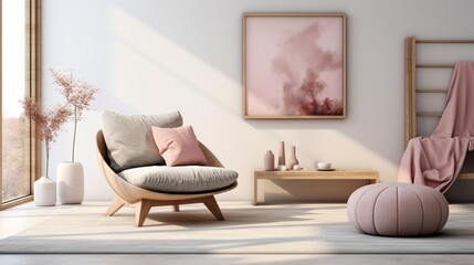 bedroom design with the pink-themed mock-up, where a wooden armchair finds its place on a patterned carpet, enhancing the tranquil ambiance next to the bed