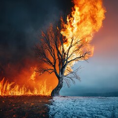 Tree half fire and frozen concept illustration creative