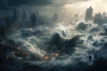 Tsunami huge city background