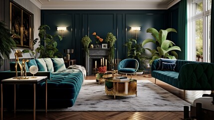 a luxury and modern home interior, characterized by a green sofa, sleek tables, and accessories. The room is brought to life by plants, an abstract painting, and the elegance of brown flooring