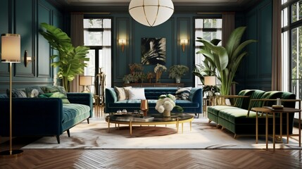 a luxury and modern home interior, characterized by a green sofa, sleek tables, and accessories. The room is brought to life by plants, an abstract painting, and the elegance of brown flooring