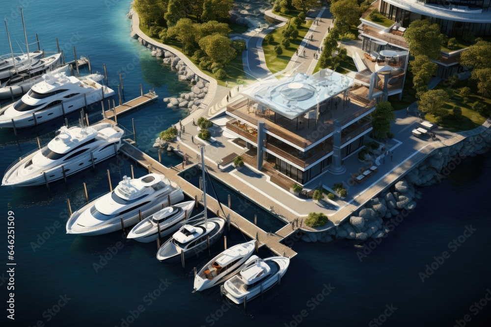 Poster Luxury yachts in the marina. 3d rendering, Aerial view of the yacht club. Aerial top down view of docked sailboats. Top down view of yachts. 3d visualisation, AI Generated