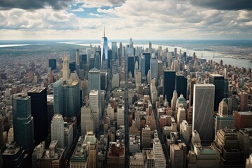 New York City Manhattan downtown skyline panorama with skyscrapers. Aerial Views of the Downtown Manhattan Skyline, AI Generated
