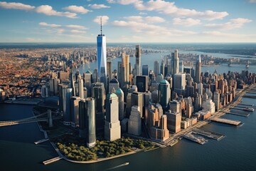 Aerial view of Lower Manhattan, New York City, USA. Aerial Views of the Downtown Manhattan Skyline,...