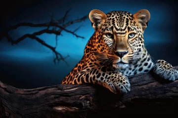 Fotobehang Leopard lying on a branch and looking at the camera on a dark background, African Leopard, Panthera pardus illuminated by beautiful light, staring directly at camera against dark sky, AI Generated © Iftikhar alam