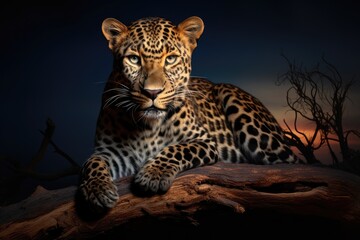 Leopard lying on a log in the evening, 3d render, African Leopard, Panthera pardus illuminated by beautiful light, resting on a dead tree, staring directly at camera against dark sky, AI Generated - Powered by Adobe