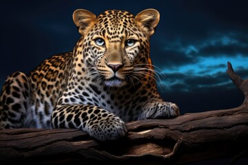 Fototapeta premium Leopard lying on a branch and looking at the camera, 3d render, African Leopard, Panthera pardus illuminated by beautiful light, resting on a dead tree, AI Generated