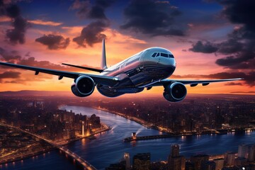 Fototapeta na wymiar Airplane in the sky over New York City. 3d rendering, Airplane In Flight At Twilight With Blurred Cityscape, AI Generated