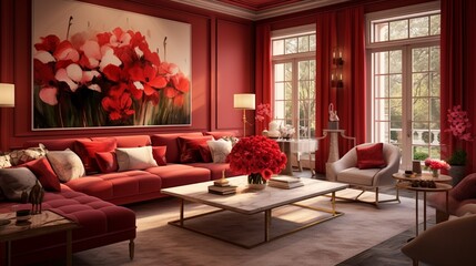 the comforts of a lavish living room designed in a captivating red color scheme, modern furniture, captivating artworks on the walls, fragrant flowers, and large windows that reveal a lush garden