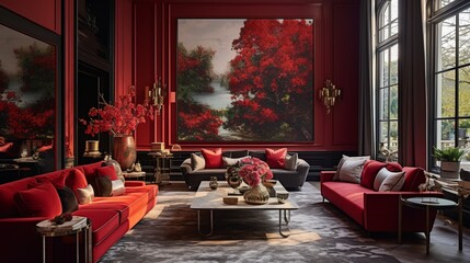 the comforts of a lavish living room designed in a captivating red color scheme modern furniture, captivating artworks on the walls, fragrant flowers, and large windows that reveal a lush garden - obrazy, fototapety, plakaty