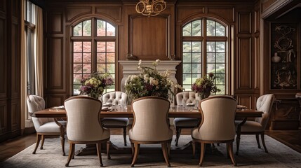 Experience the elegance of the dining room in this luxury home, centered around a beautiful wooden table